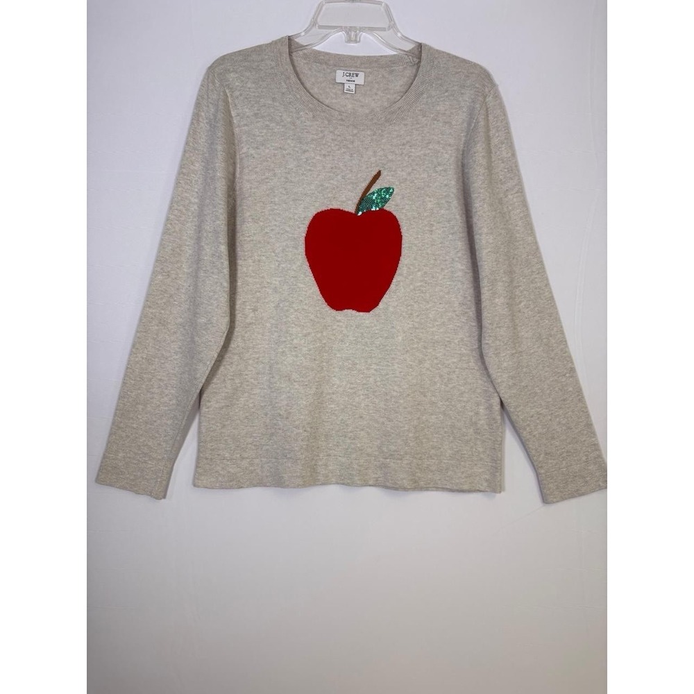 J. Crew Sequin Apple Lightweight Cotton Teddie Pullover Sweater Size L